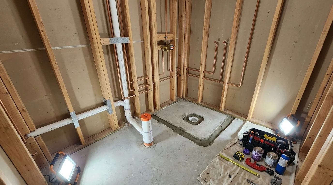 Bathroom rough-in plumbing during remodel by Johns Plumbing LLC in Waukegan