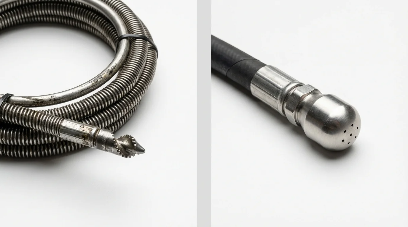 Drain snake cable and hydro jetting nozzle used for drain cleaning in Waukegan, IL