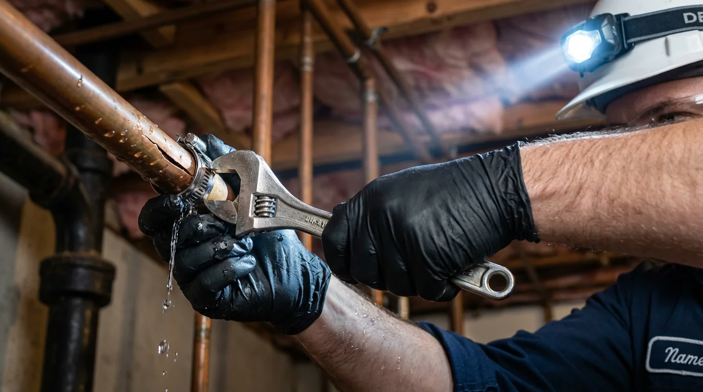 Emergency pipe clamp repair being performed by a Johns Plumbing LLC plumber in Waukegan