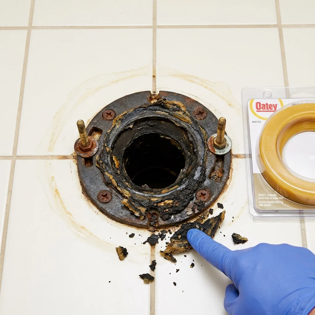 Failed wax ring showing water seepage at the base of a toilet in a Waukegan, IL home