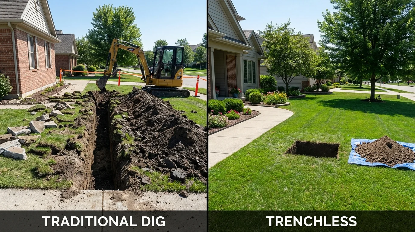 Trenchless sewer repair with minimal yard damage versus traditional excavation in Waukegan, IL