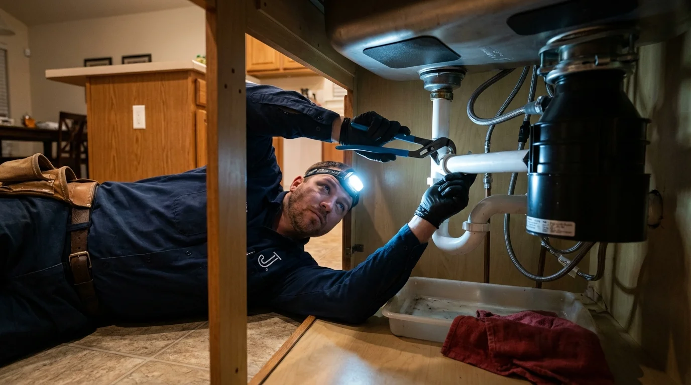 P-trap and supply line connections under a kitchen sink showing a common leak point in Waukegan, IL